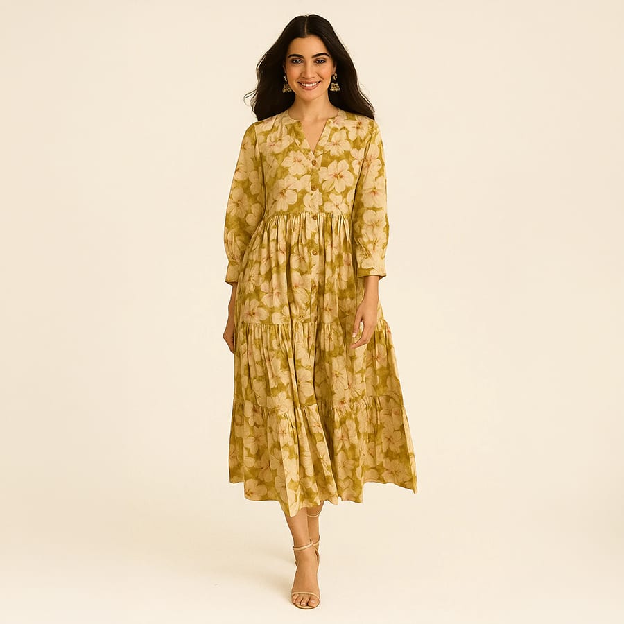 Green Floral Printed Viscose Blend Maxi Partywear Dress with Flowing Silhouette