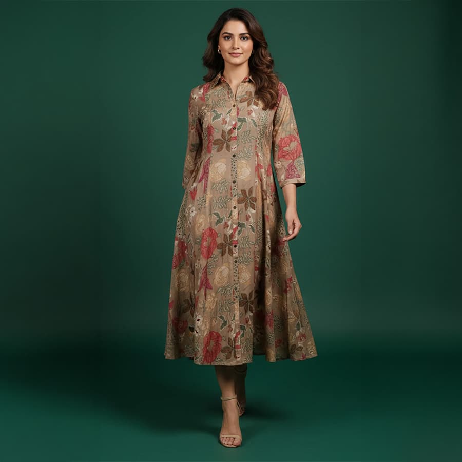 Light Brown Muslin A-Line Dress in Floral Print