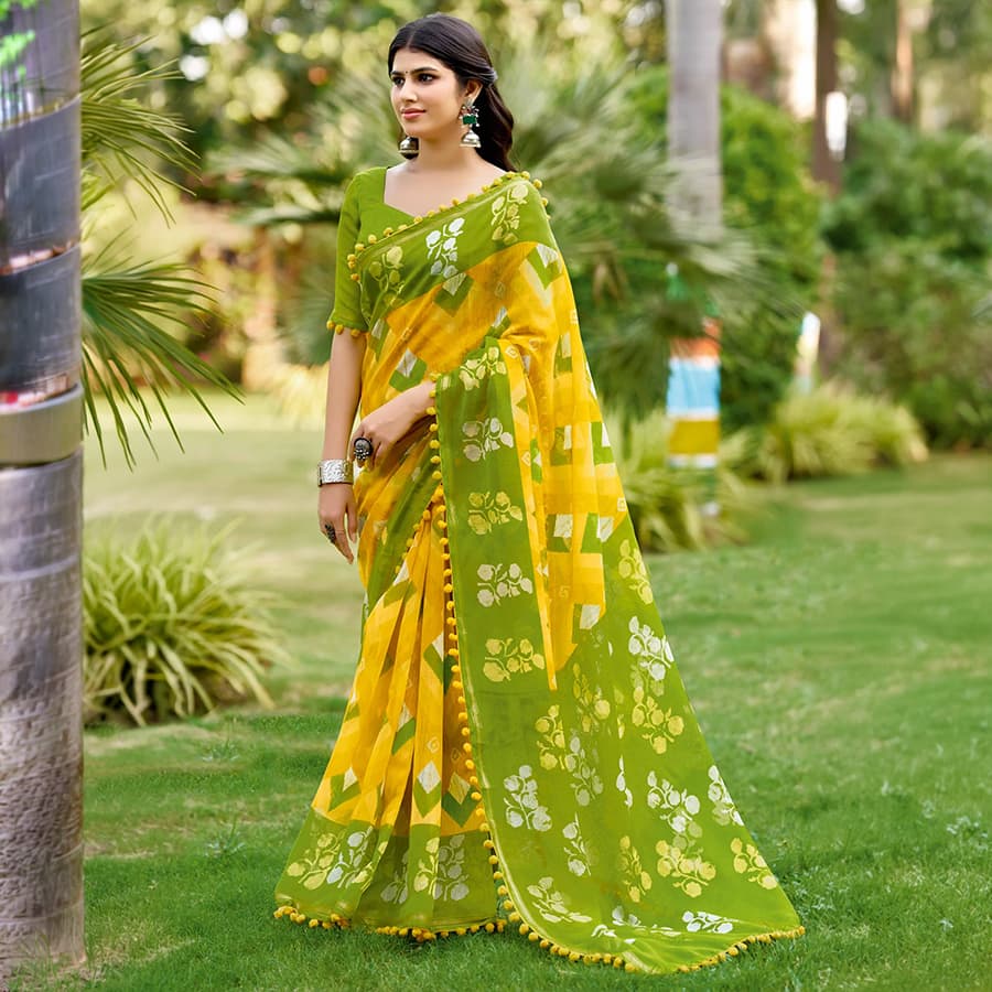 Casual Yellow Floral Print Saree in Lightweight Pure Mul Cotton