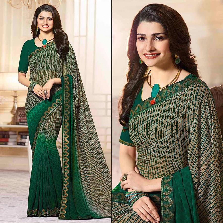 Green Printed Georgette Saree With Lace Border