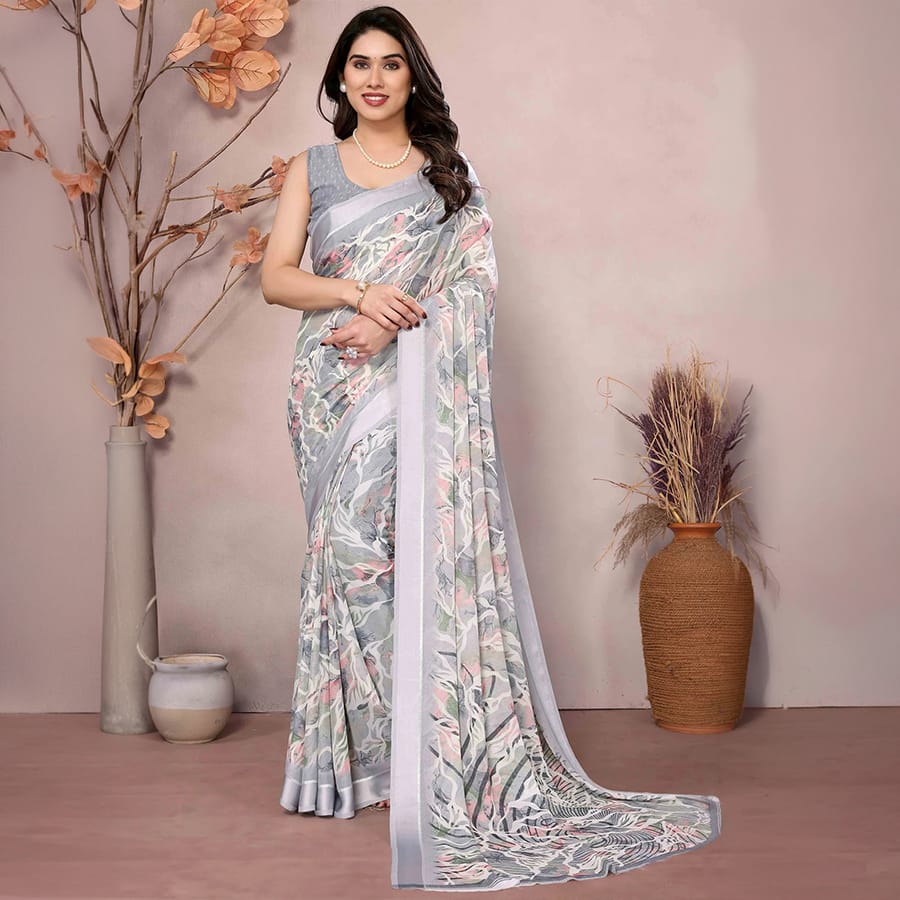 Grey Floral Printed Satin Saree