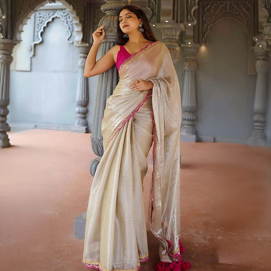 Pastel Grey Sequins Embroidered Jimmy Choo Tissue Saree With Tassels