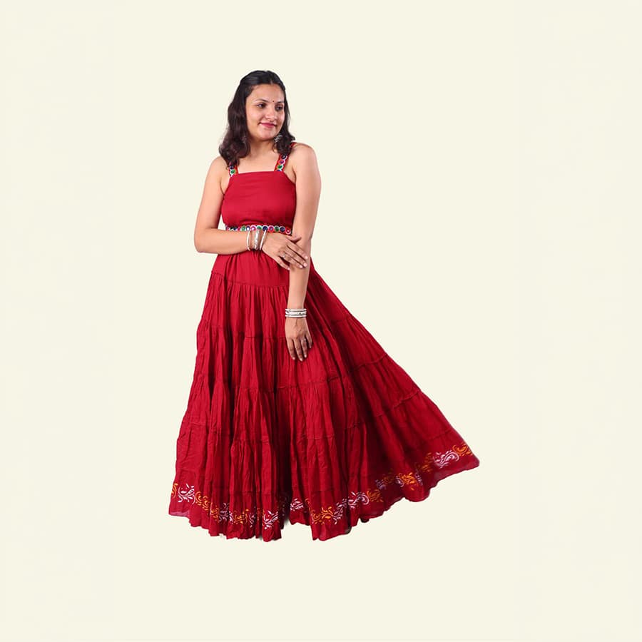Red Block Print 20Mtr Cotton Skirt
