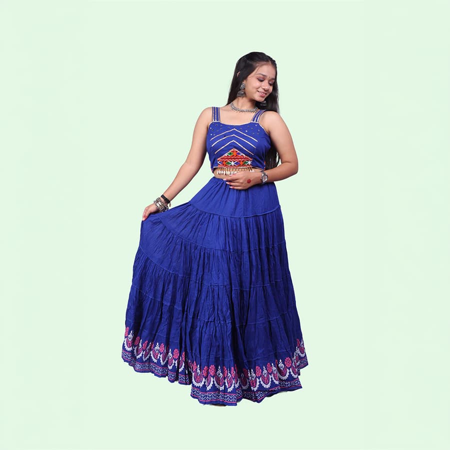 Royal Blue Block Print 20Mtr Cotton Skirt
