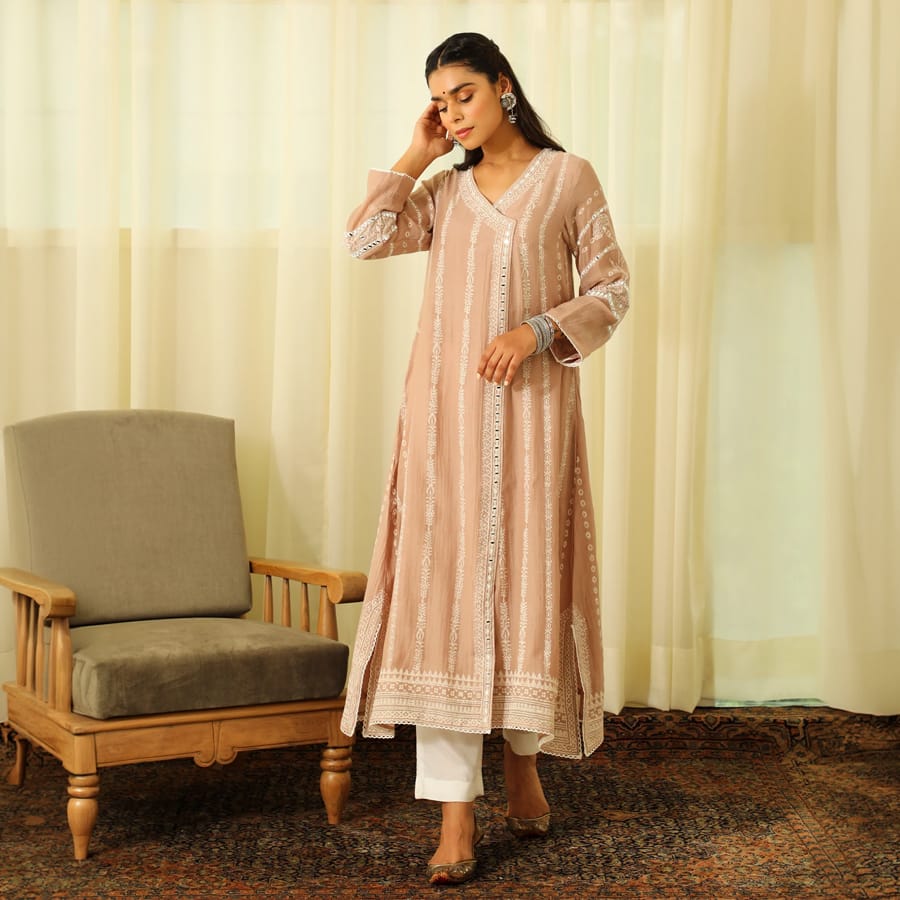 Beige Mul Chanderi Long A-Line Set