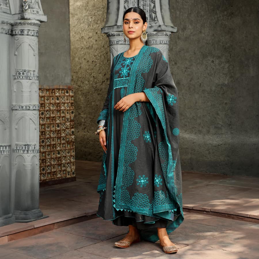 Ash grey and Aqua Green Anarkali Suit Set