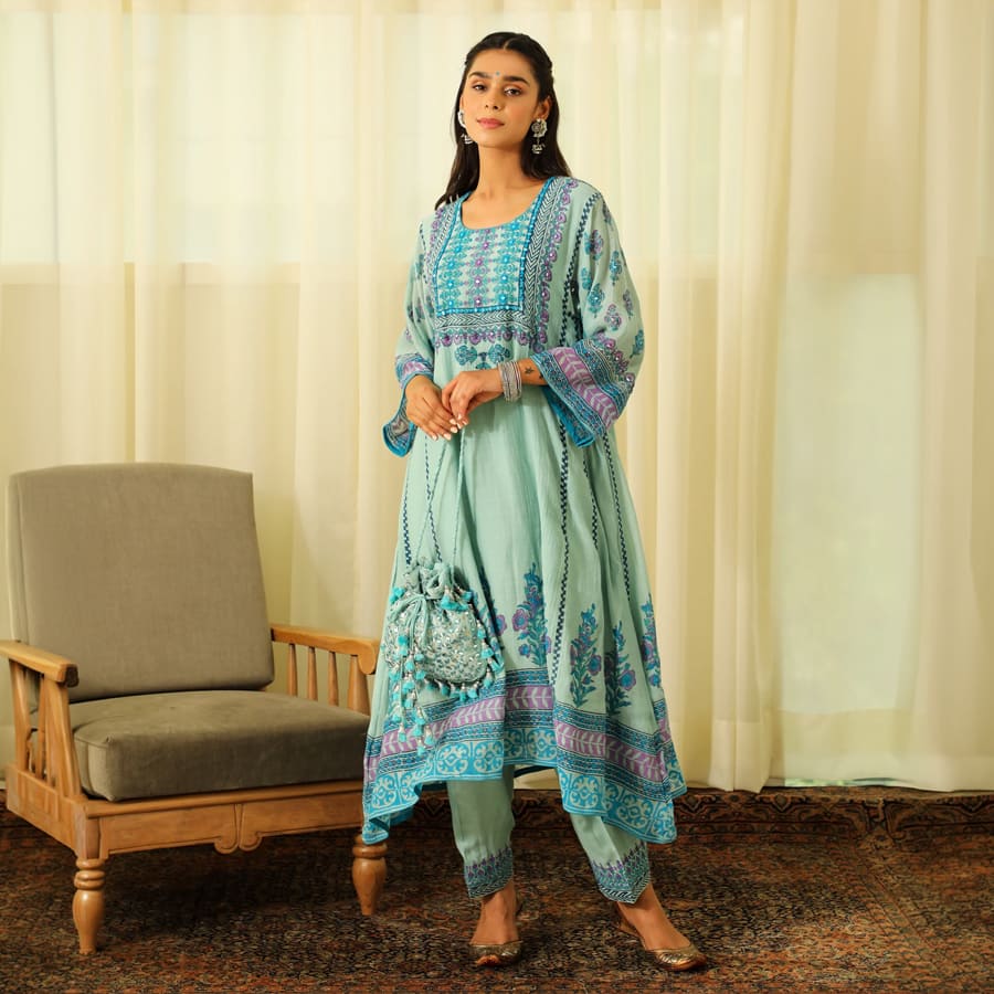 Aqua Mul Chanderi Phiran Set