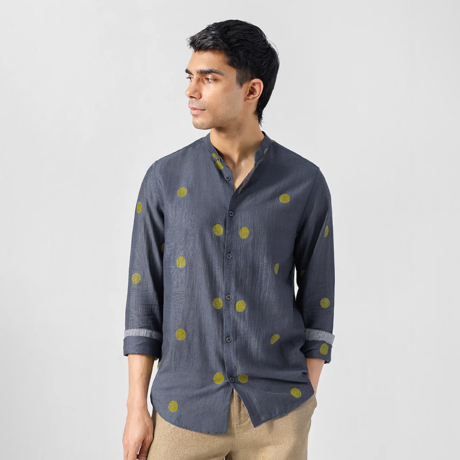 Nawab Shirt - Charcoal & Yellow Jamdani