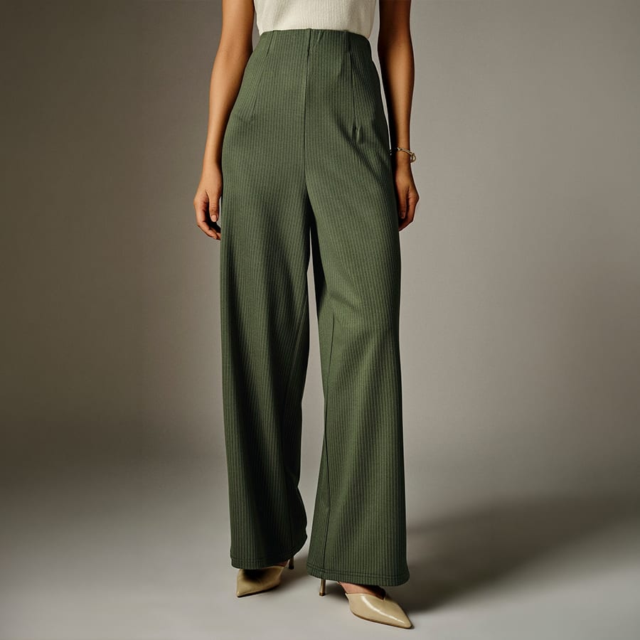 Olive Striped Wide-Leg Pants