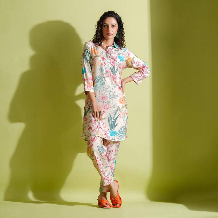 Cream Colour Muslin Printed Co-Ord Set