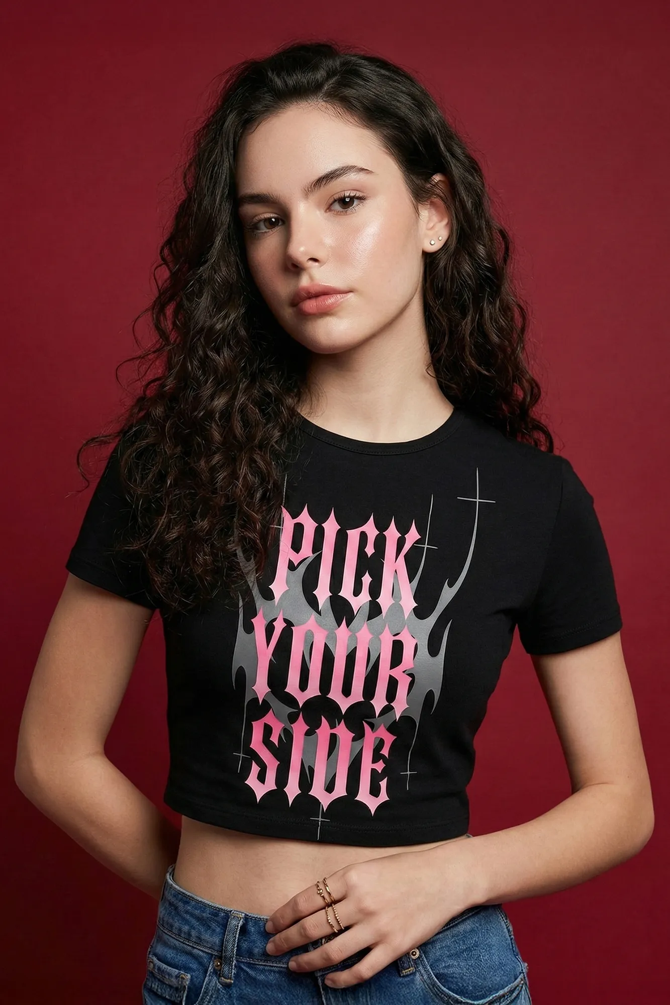 Black Typography Crew Neck Crop T-Shirt
