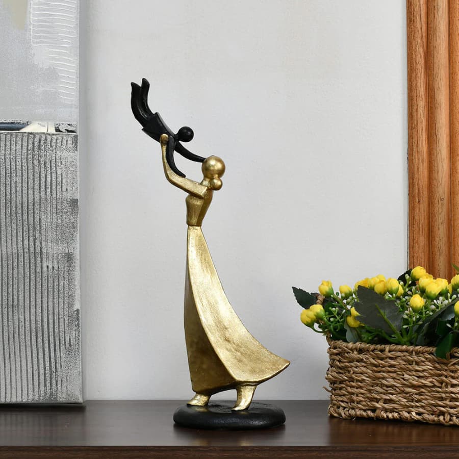 Mom Holding Kid Decorative Polyresin Showpiece (Black & Gold)