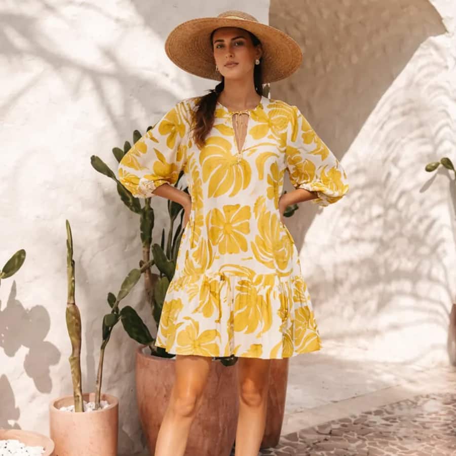 Madame Yellow Leaf Print Rayon Midi Dress