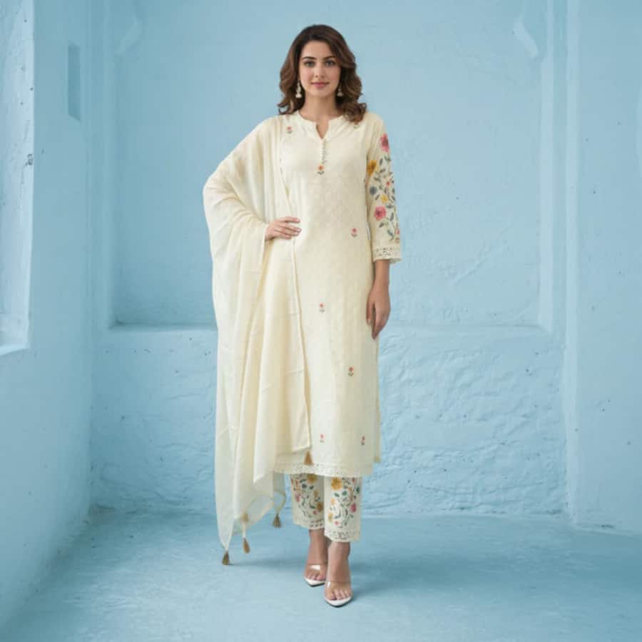 Kirti Mist Cotton Embroidered Suit Set