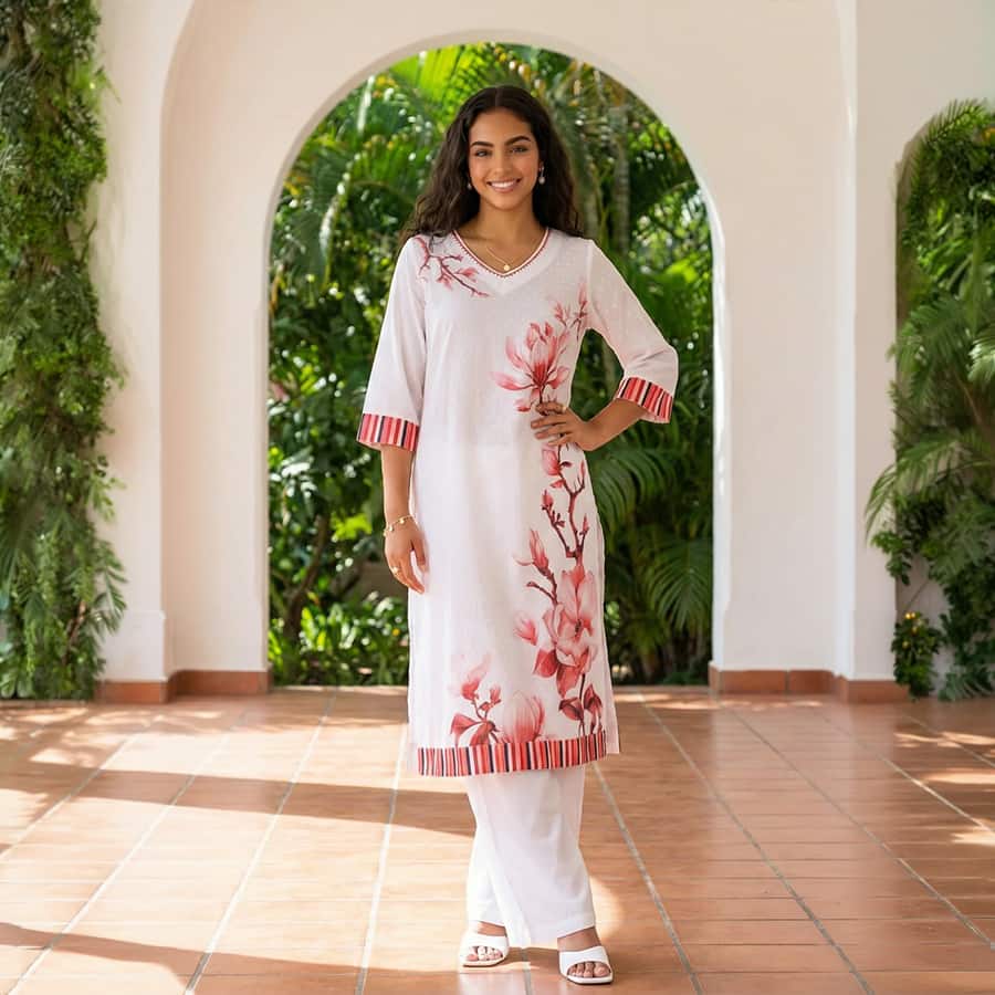 White Floral Printed Thread Work Pure Cotton Straight Kurta