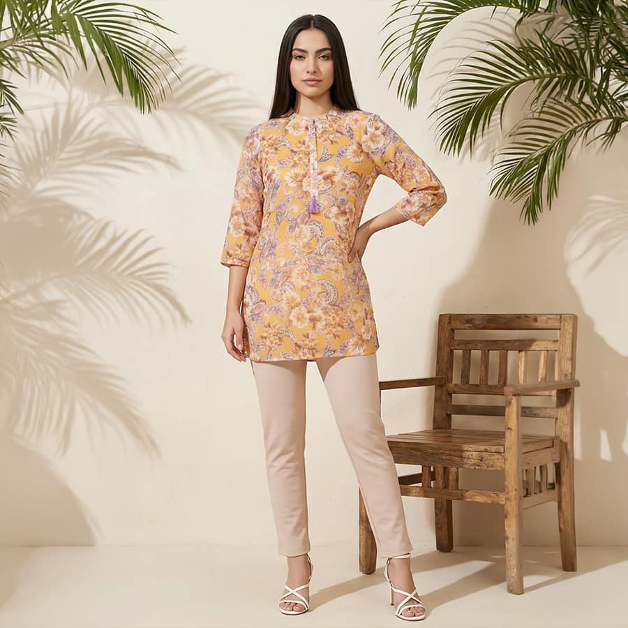 Mustard Paisley Printed Straight Kurti with Tassel