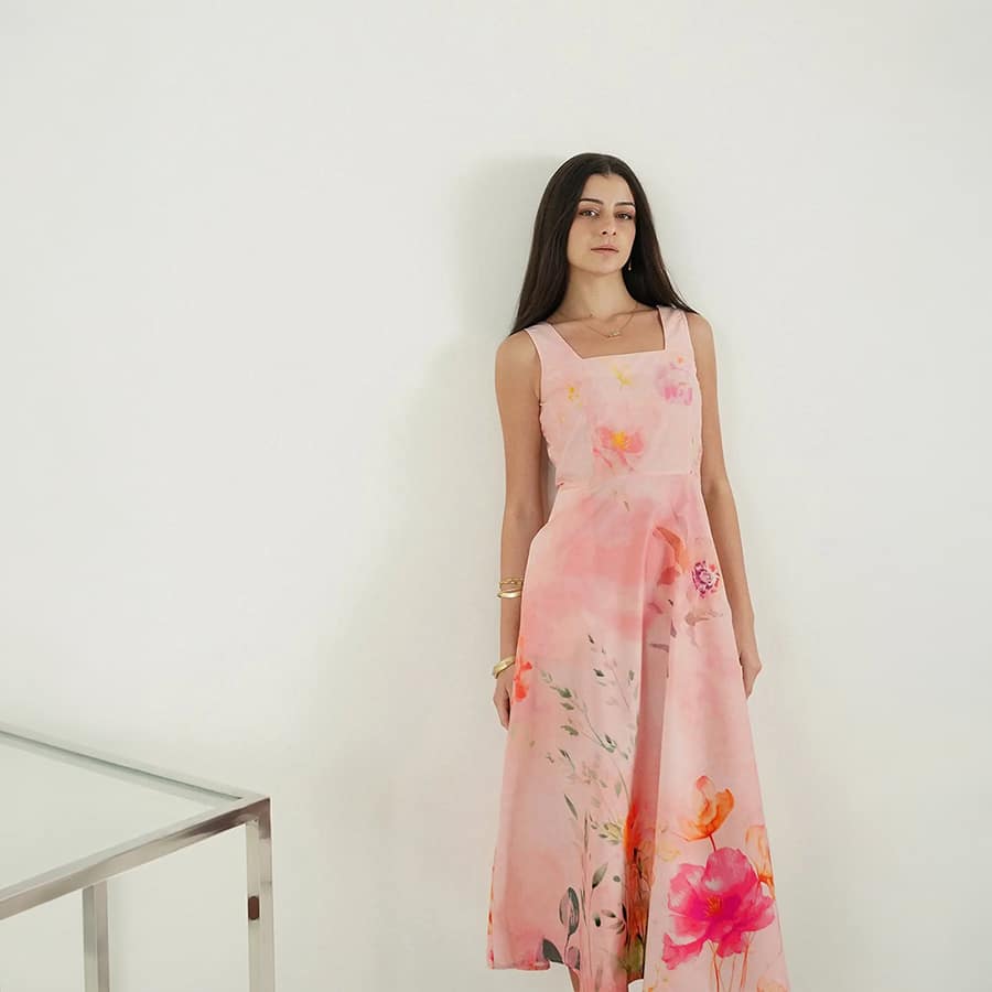 Cotton Floral Fit and Flare Dress - Pink