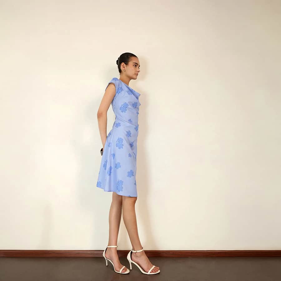 Floral Cowl Neck Shift Dress - Blue