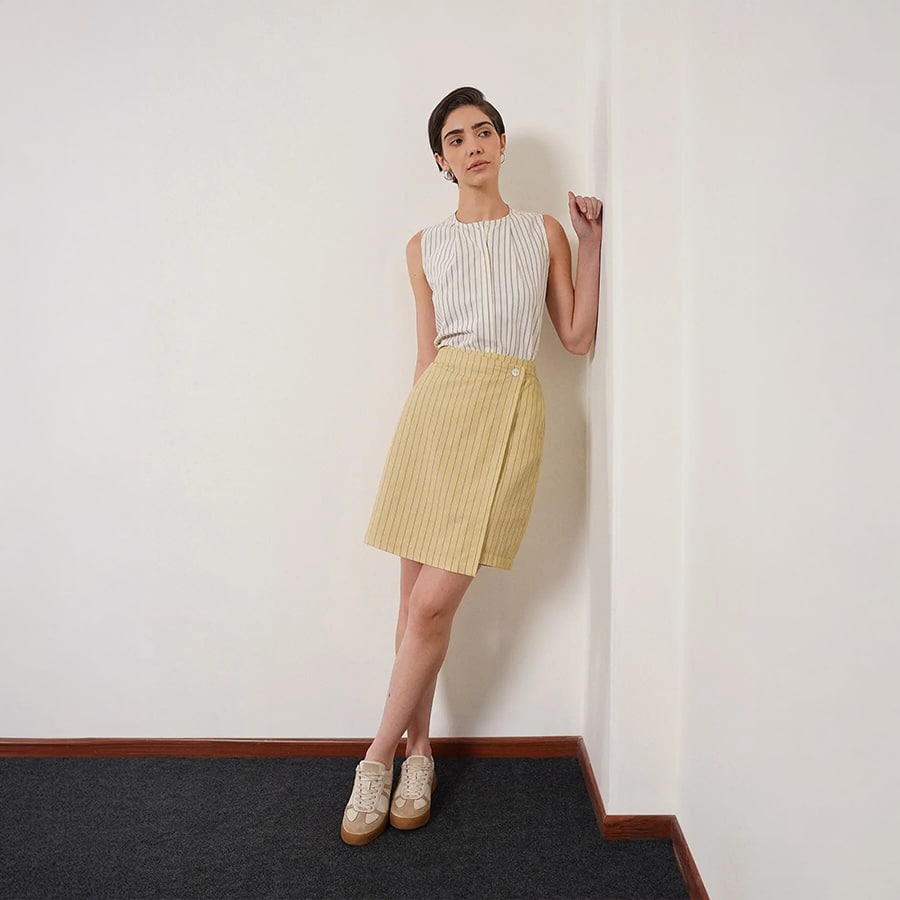 Cotton Striped Wrap Skirt - Yellow