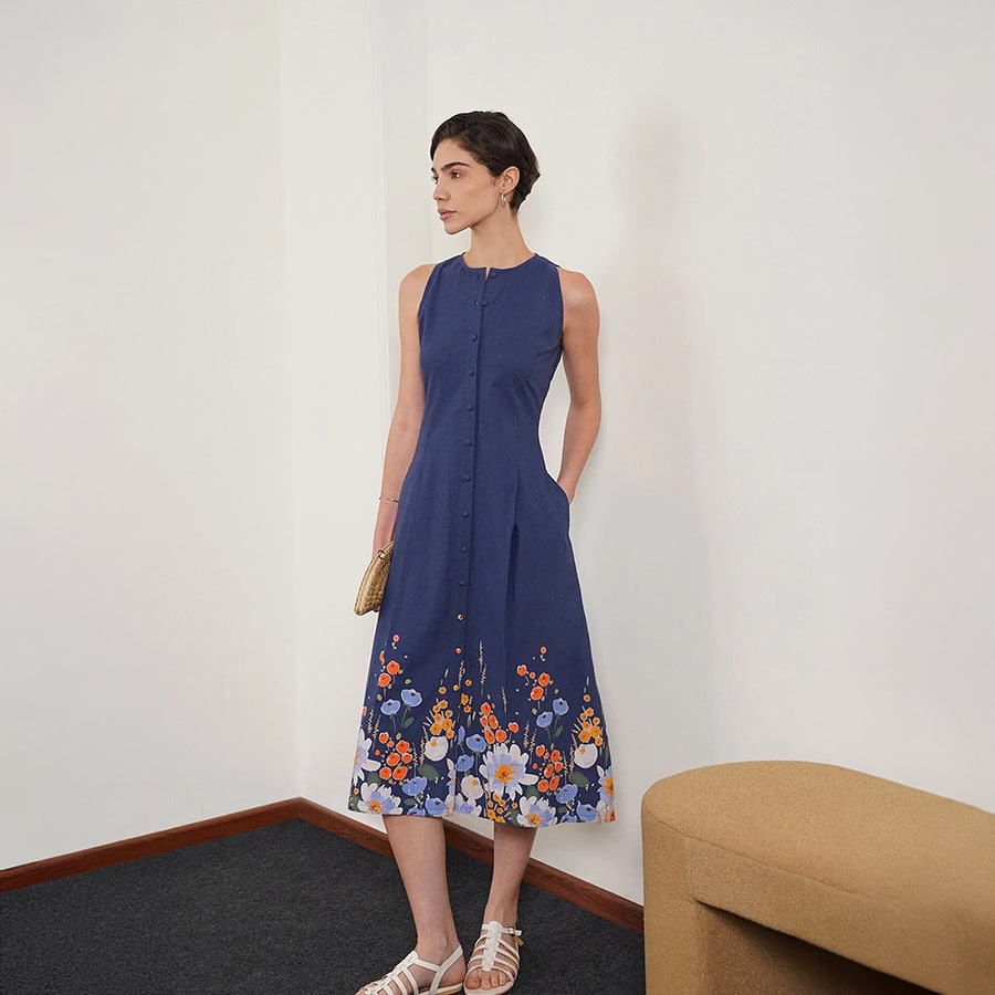Cotton Floral A-Line Dress - Blue