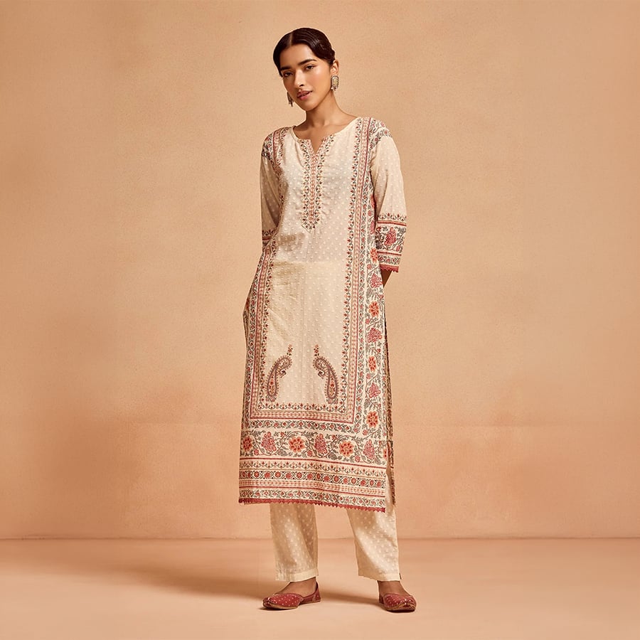 Cream Printed Kurta Set (3 Piece)