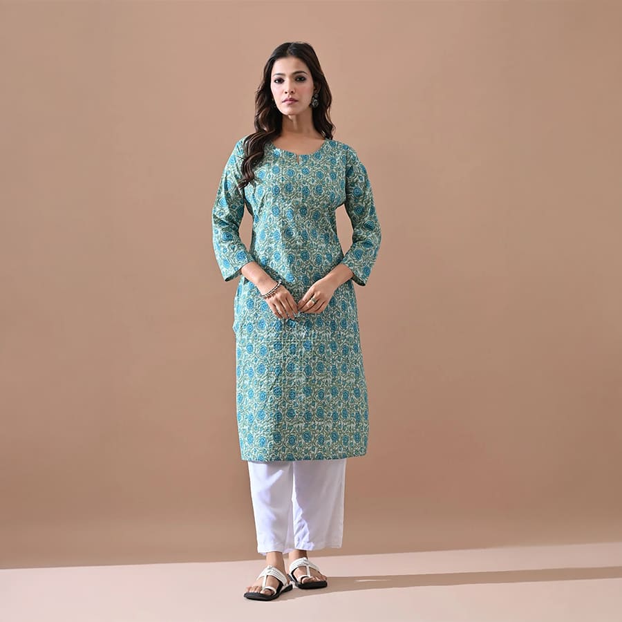 Green Printed Straight Kurta