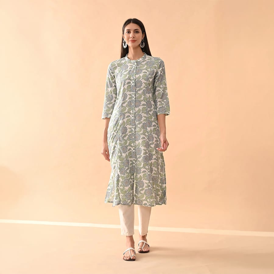 White Floral Printed Kurta