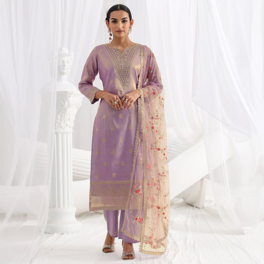 Lavender Woven Design Silk Blend Straight Suit Set With Dupatta
