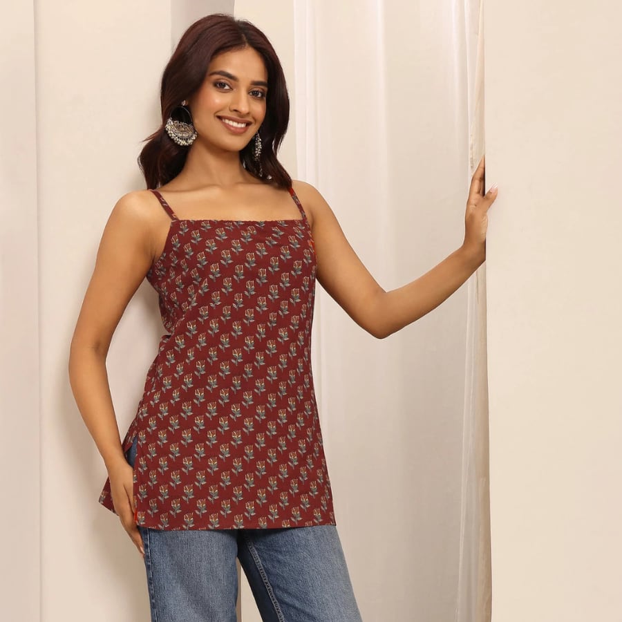 Rust Printed Cotton Blend Straight Short Kurti