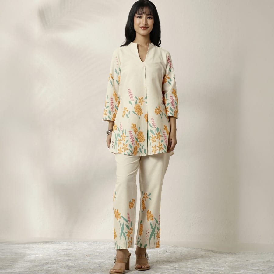 Off White Printed Cotton Blend Co-Ord Set