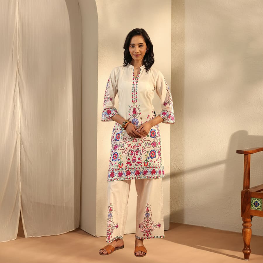 Off White Printed Cotton Blend Co-Ord Set
