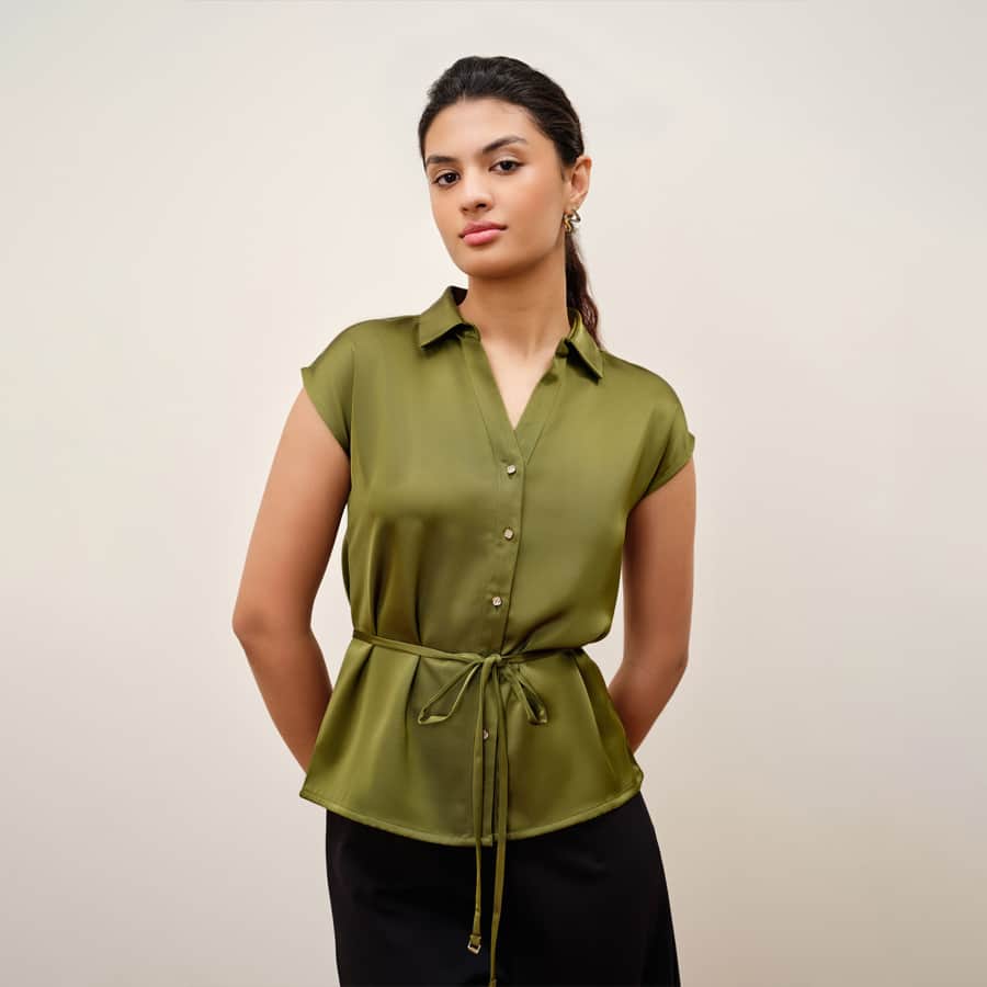 Calen Olive Satin Shirt