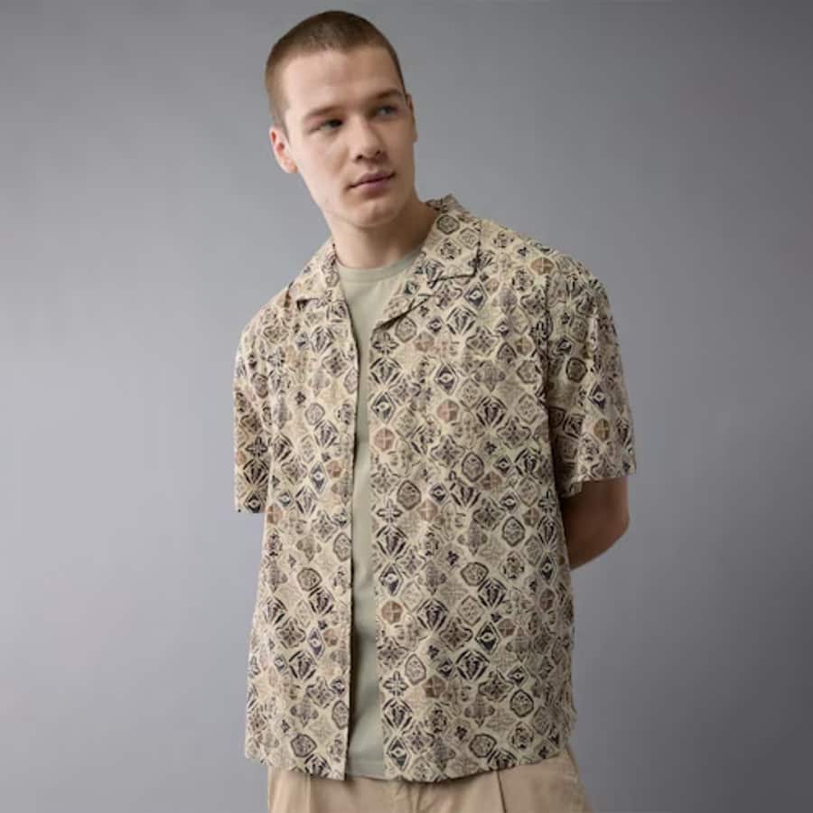 Men Khaki Printed Button-Up Poolside Shirt