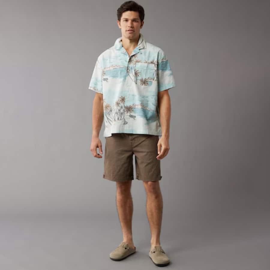 Men Blue Tropical Button-Up Poolside Shirt