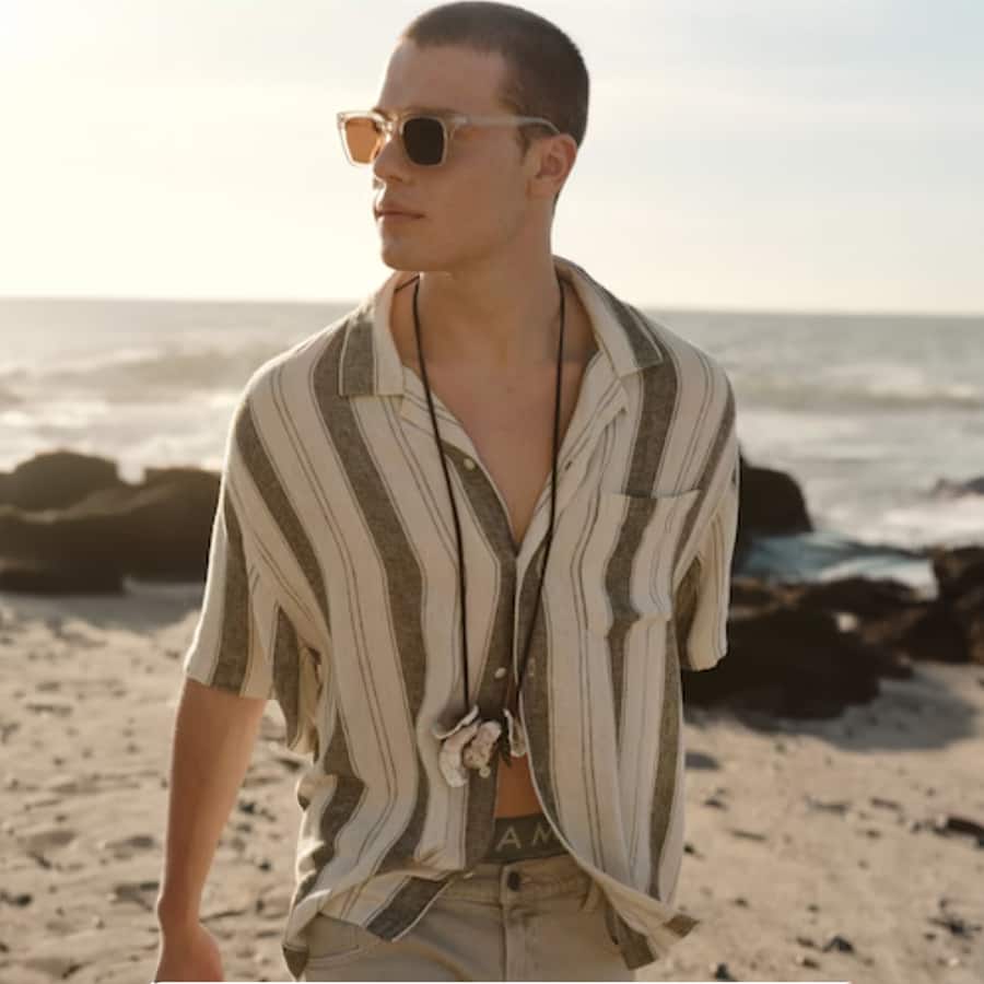 Men Tan Textured Striped Button-Up Poolside Shirt