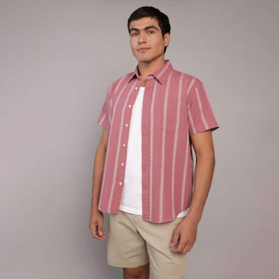 Men Pink Poolside Striped Button-Up Shirt