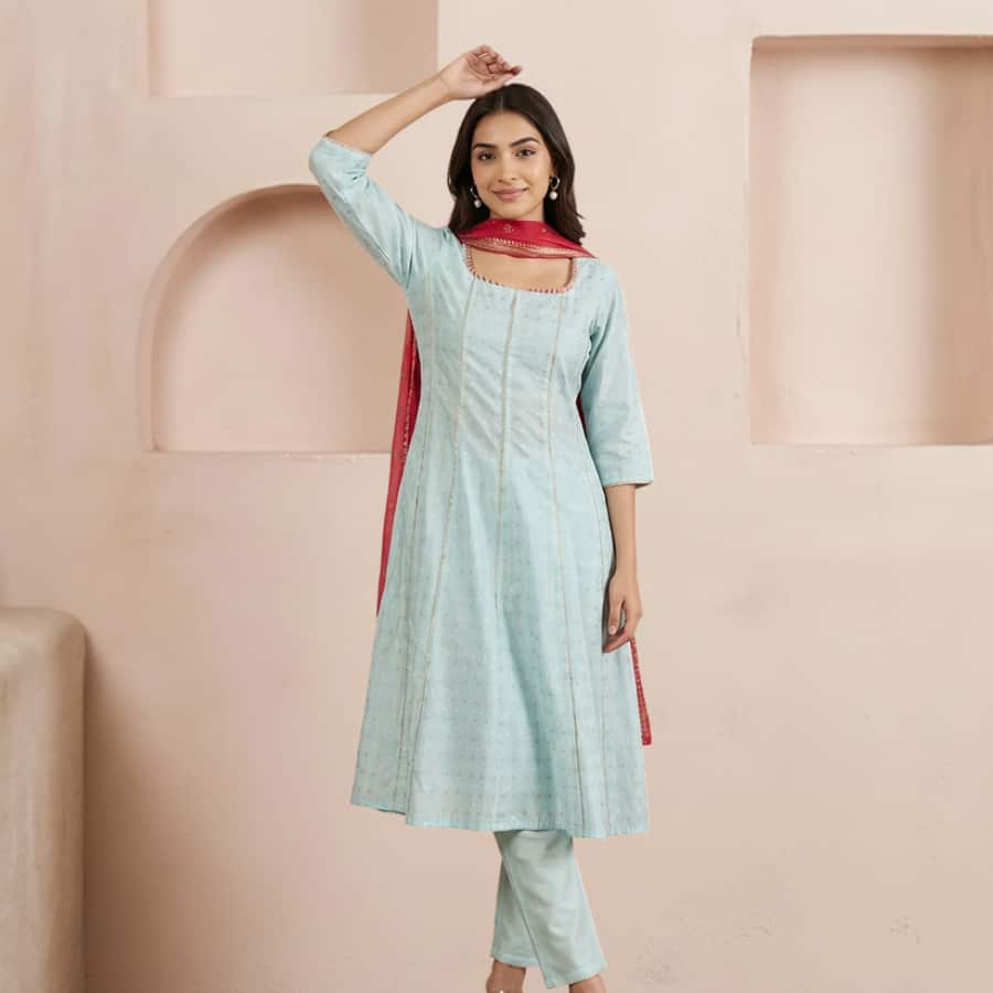 Light Blue Zari Embellished Chanderi Buti A-line Kurta with Trousers and Dupatta Set