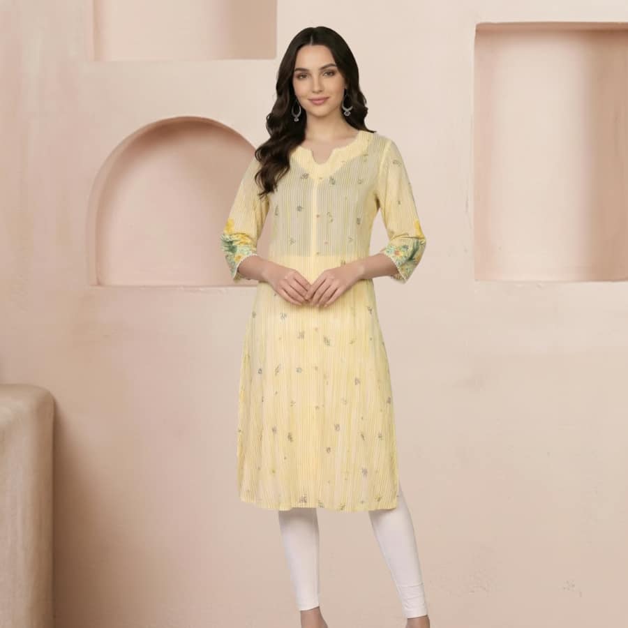 Yellow Floral Printed Pure Cotton Straight Kurta
