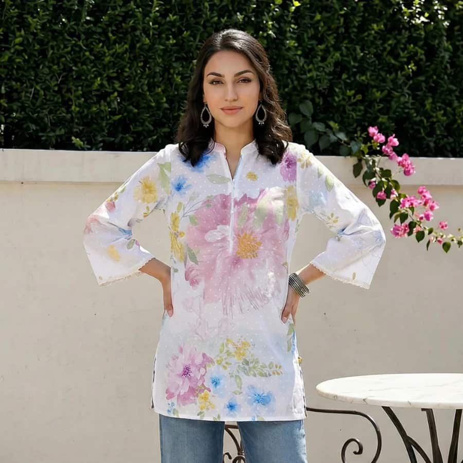 White Lace Floral Printed Pure Cotton Straight Kurti