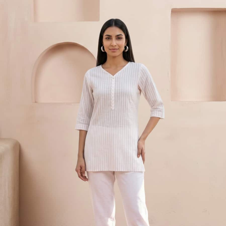 Off White Striped Yarn Dyed Cotton Lurex Straight Kurti