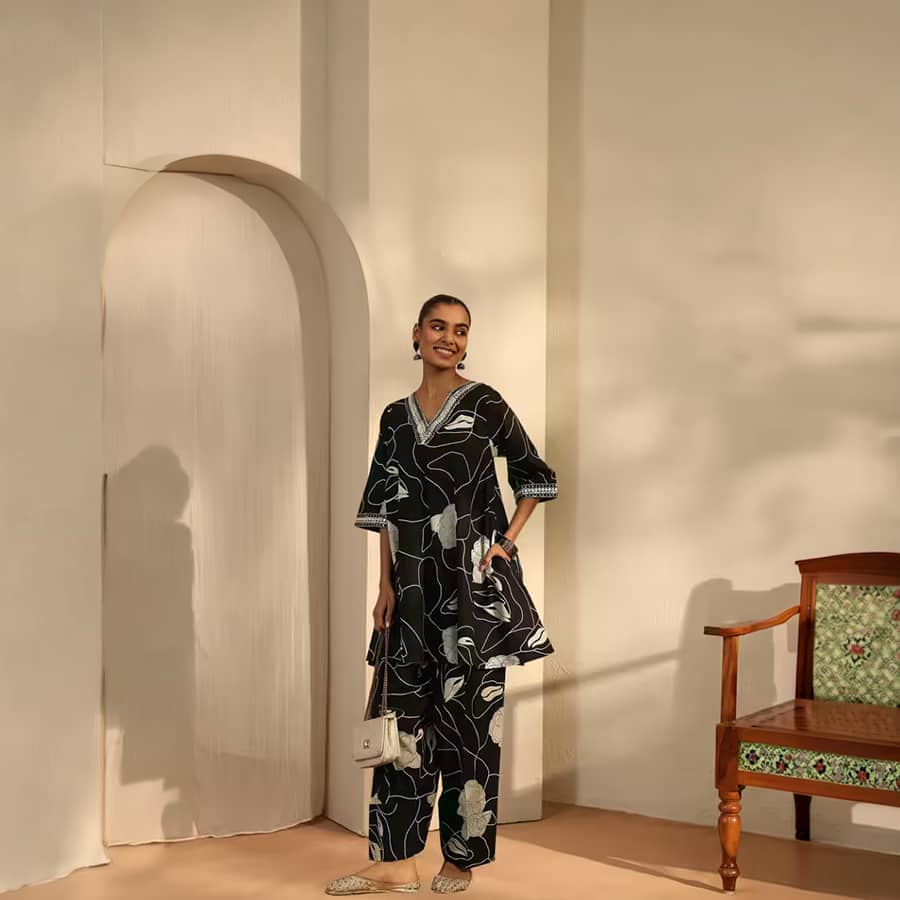 Maria Black Printed Cotton Blend Co-Ord Set
