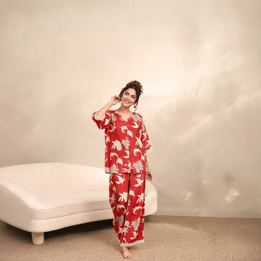 Red Printed Silk Blend Night Suit