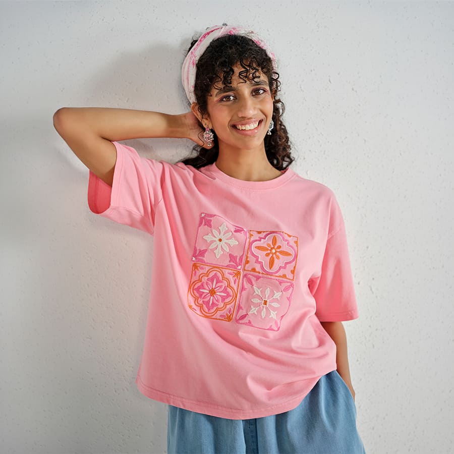 Pink Embroidered Cotton T-shirt