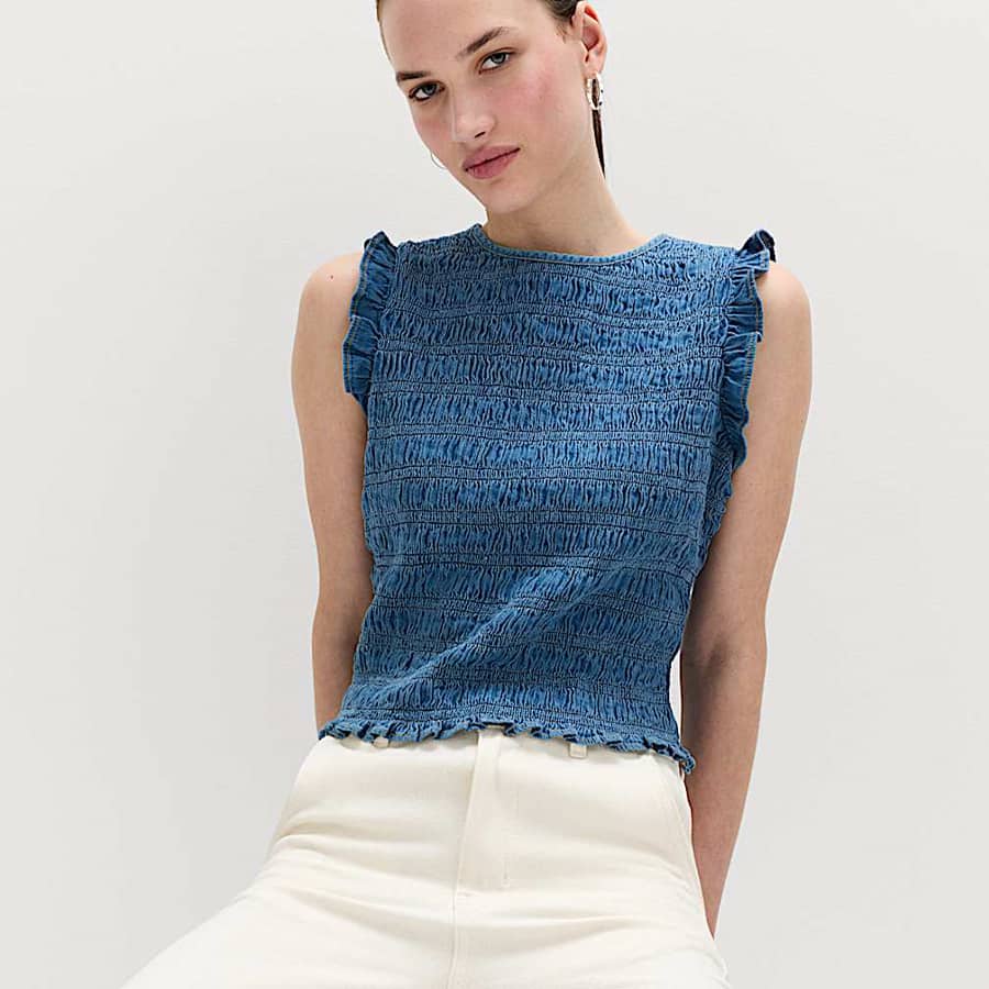 Denim Shirred Tank Top