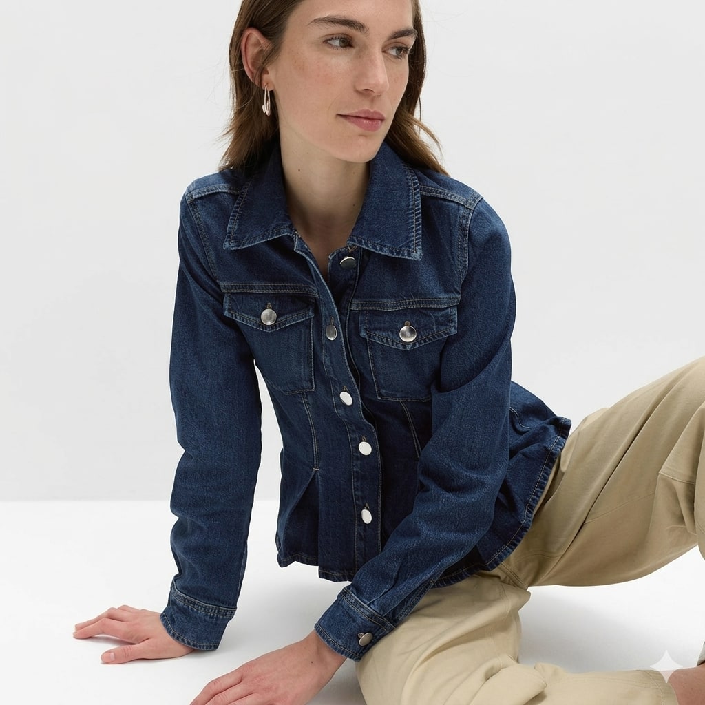 Denim Peplum Collared Jacket