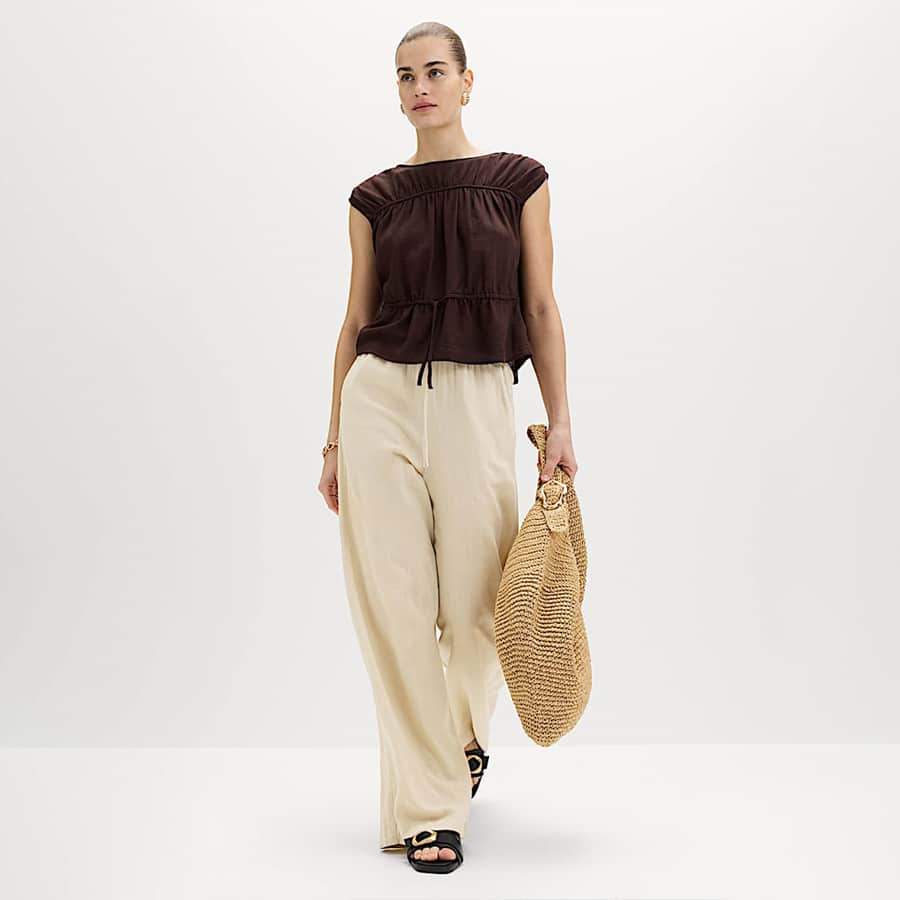 Drawstring Wide Leg Trousers with Linen
