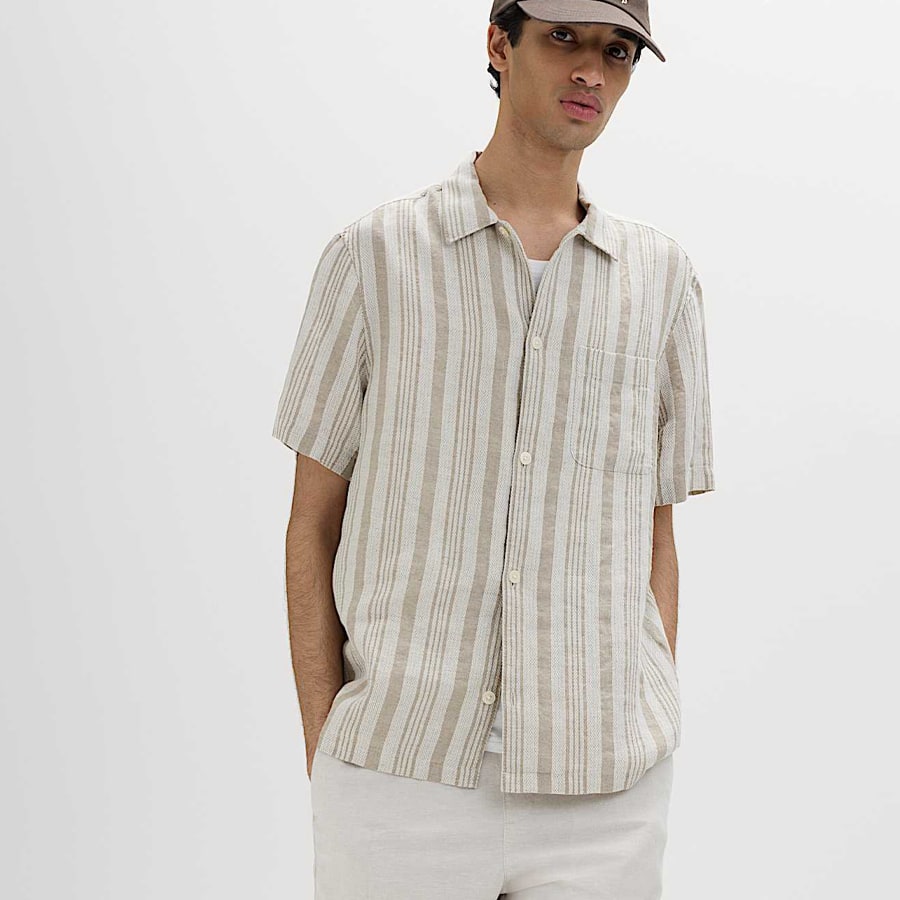 Relaxed Fit Linen Rich Striped Short Sleeve Shirt