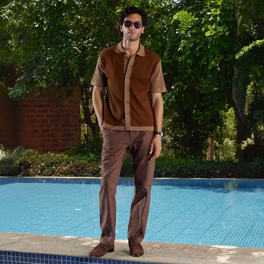 Mocha Duo-Tone Flat Knit Shirt