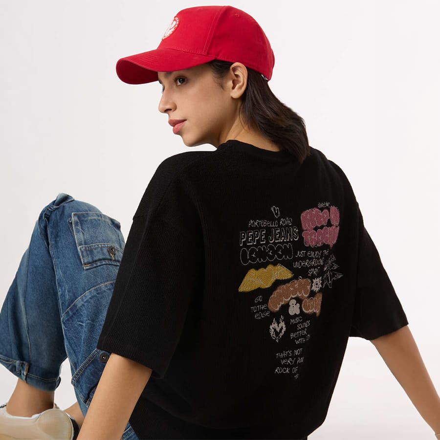 Women Black Self Design Back Print Oversized T-shirt