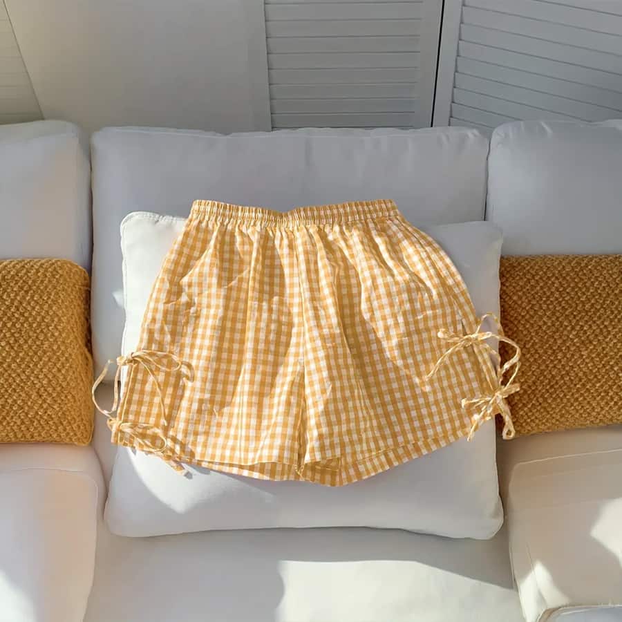 Yellow Mid Rise Gingham Shorts